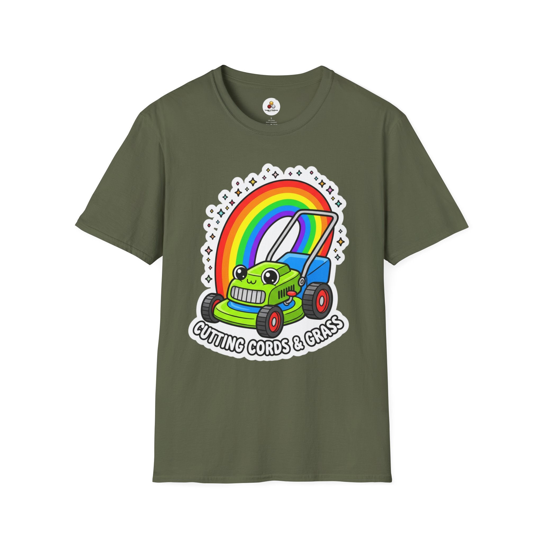 Magical Mower T-Shirt — Rainbow Lawn Mower "Clearing the Vibe" Graphic Tee