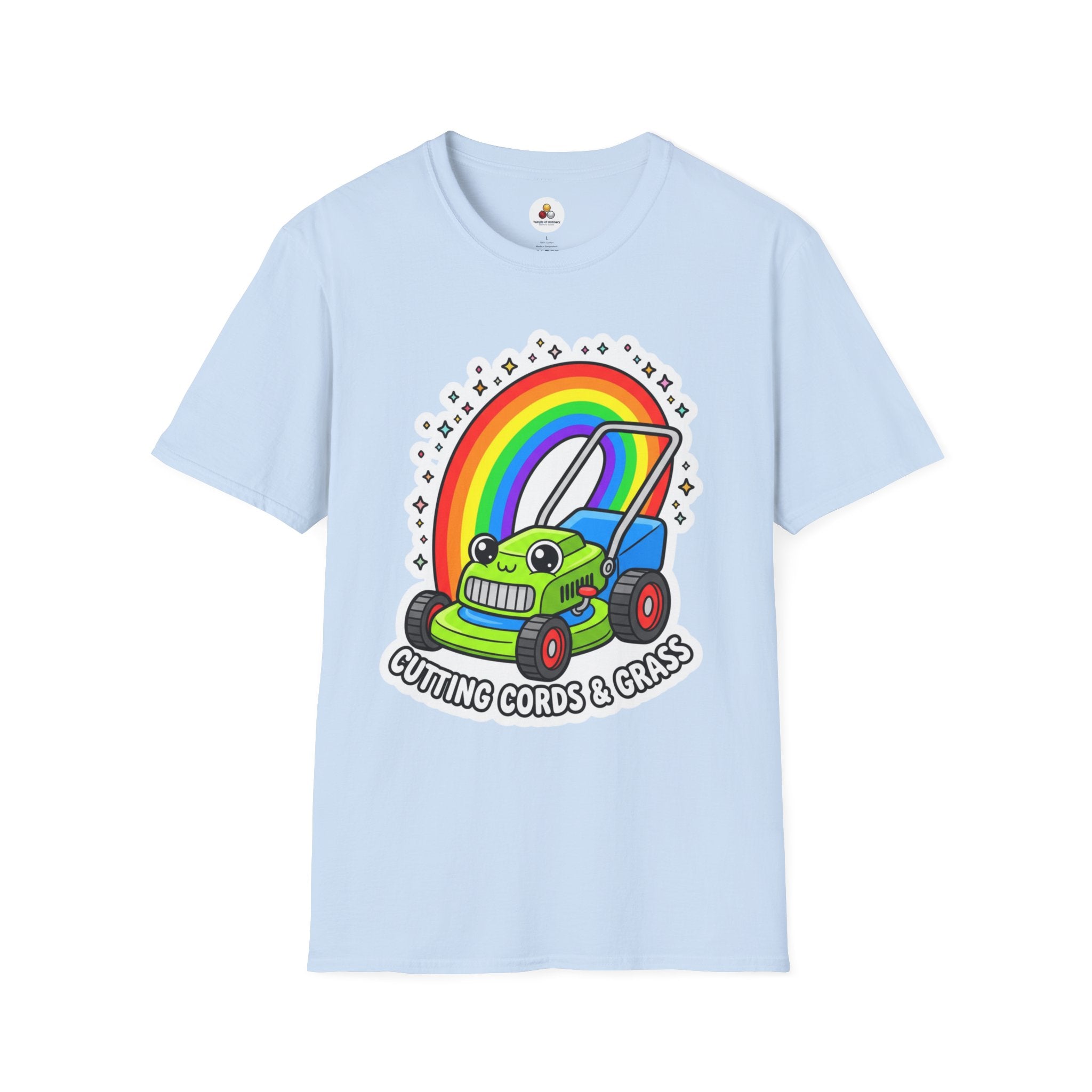 Magical Mower T-Shirt — Rainbow Lawn Mower "Clearing the Vibe" Graphic Tee