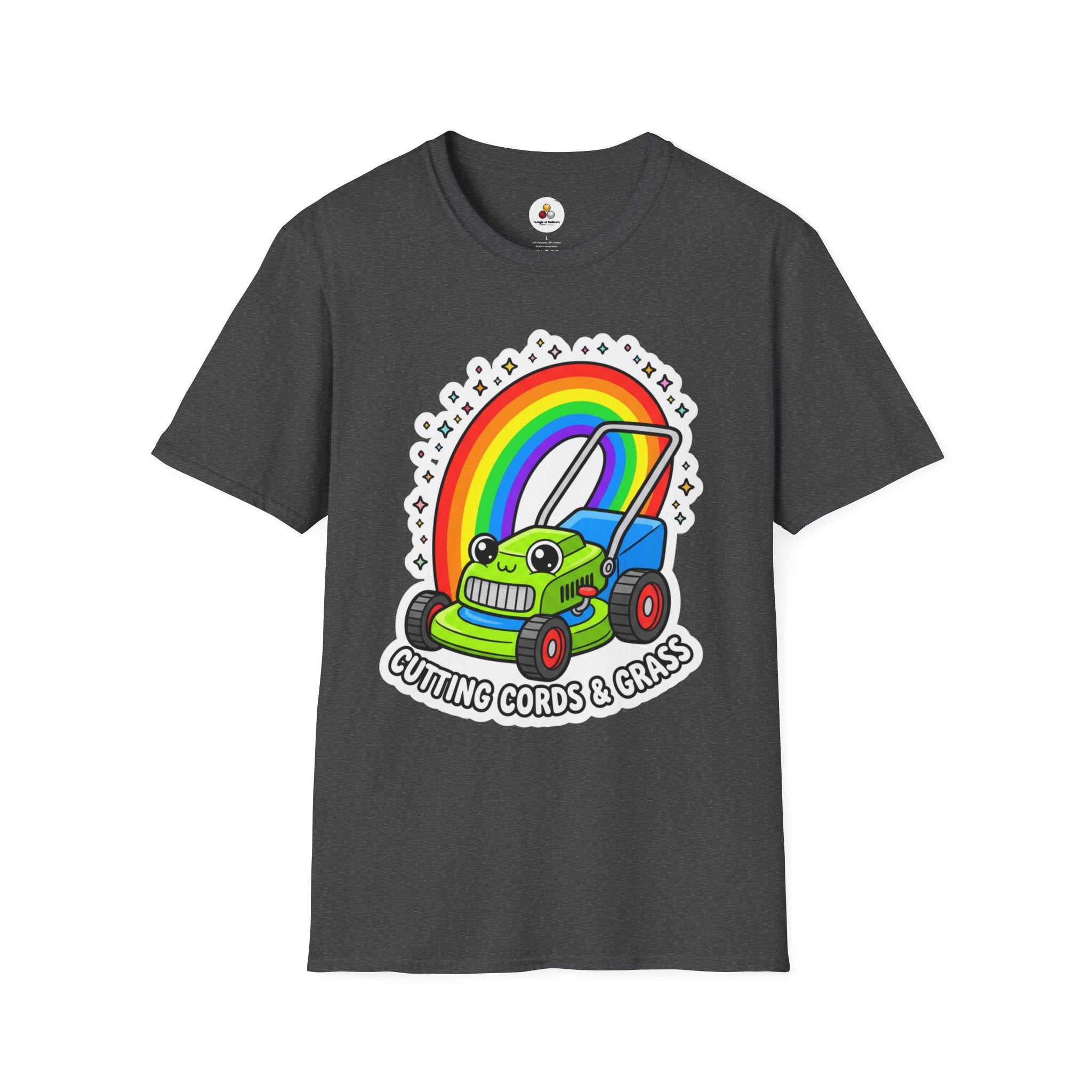 Magical Mower T-Shirt — Rainbow Lawn Mower "Clearing the Vibe" Graphic Tee