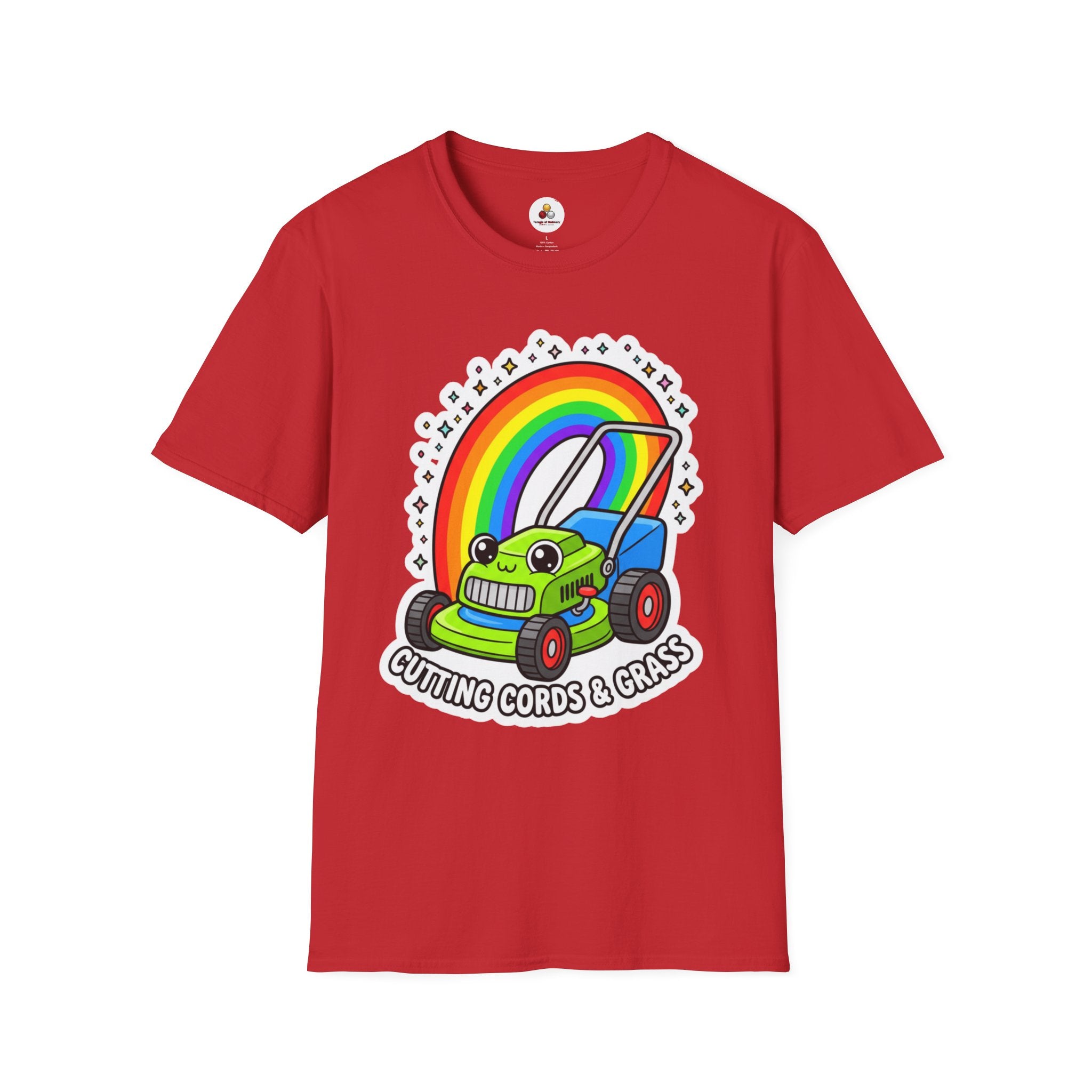 Magical Mower T-Shirt — Rainbow Lawn Mower "Clearing the Vibe" Graphic Tee