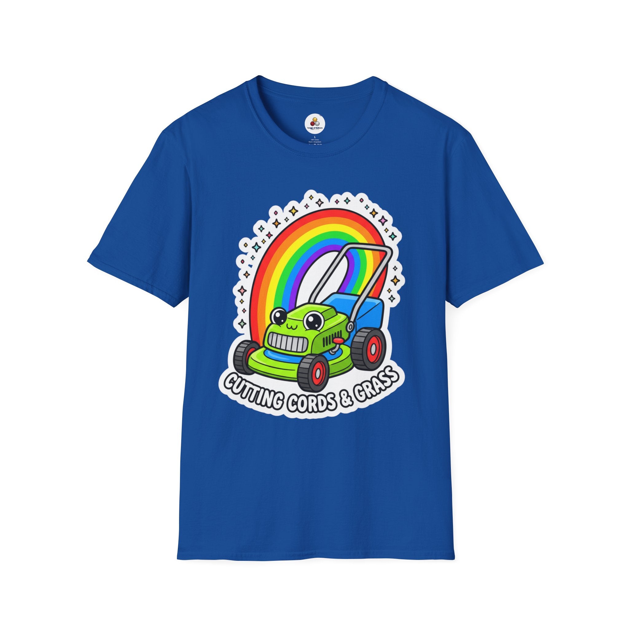 Magical Mower T-Shirt — Rainbow Lawn Mower "Clearing the Vibe" Graphic Tee