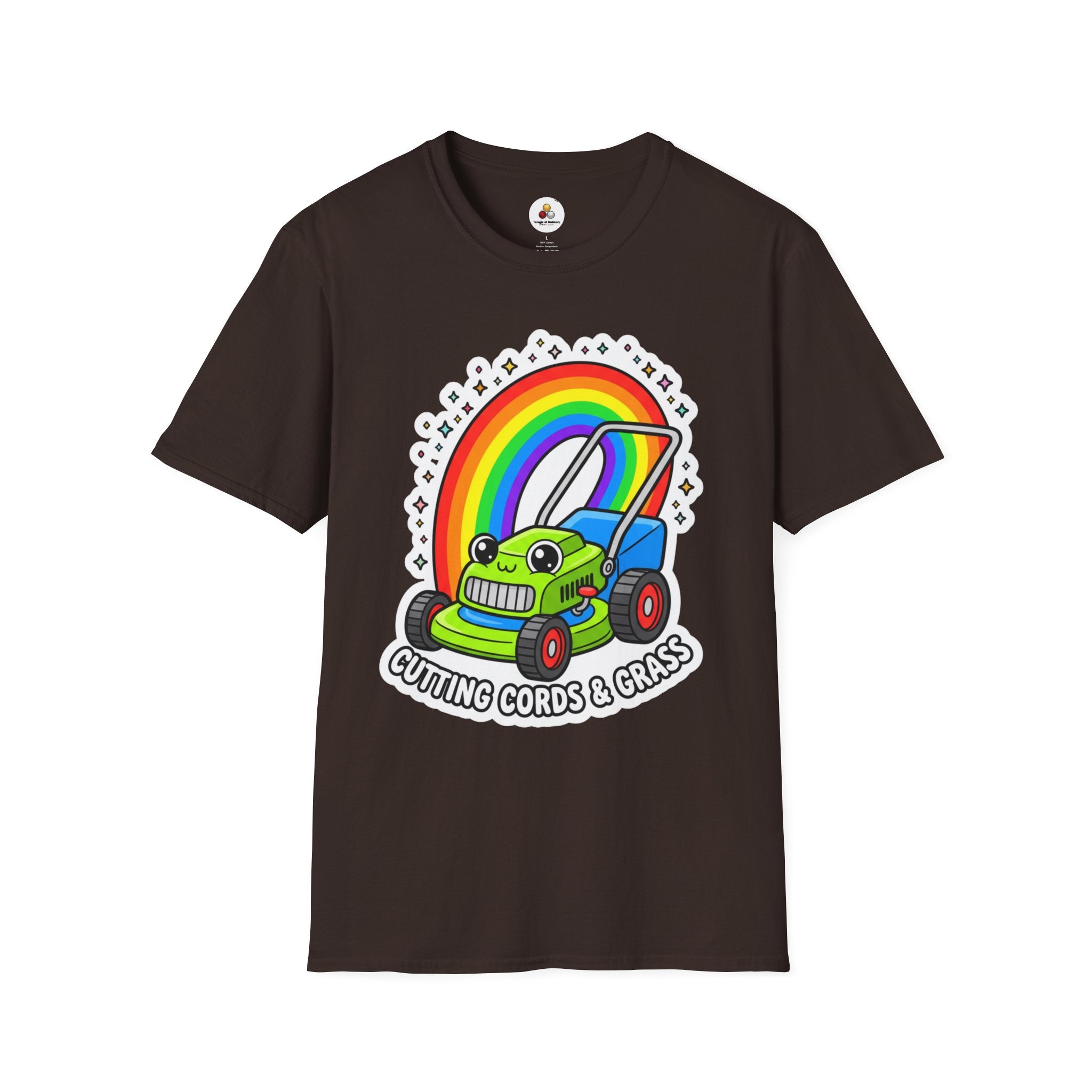 Magical Mower T-Shirt — Rainbow Lawn Mower "Clearing the Vibe" Graphic Tee