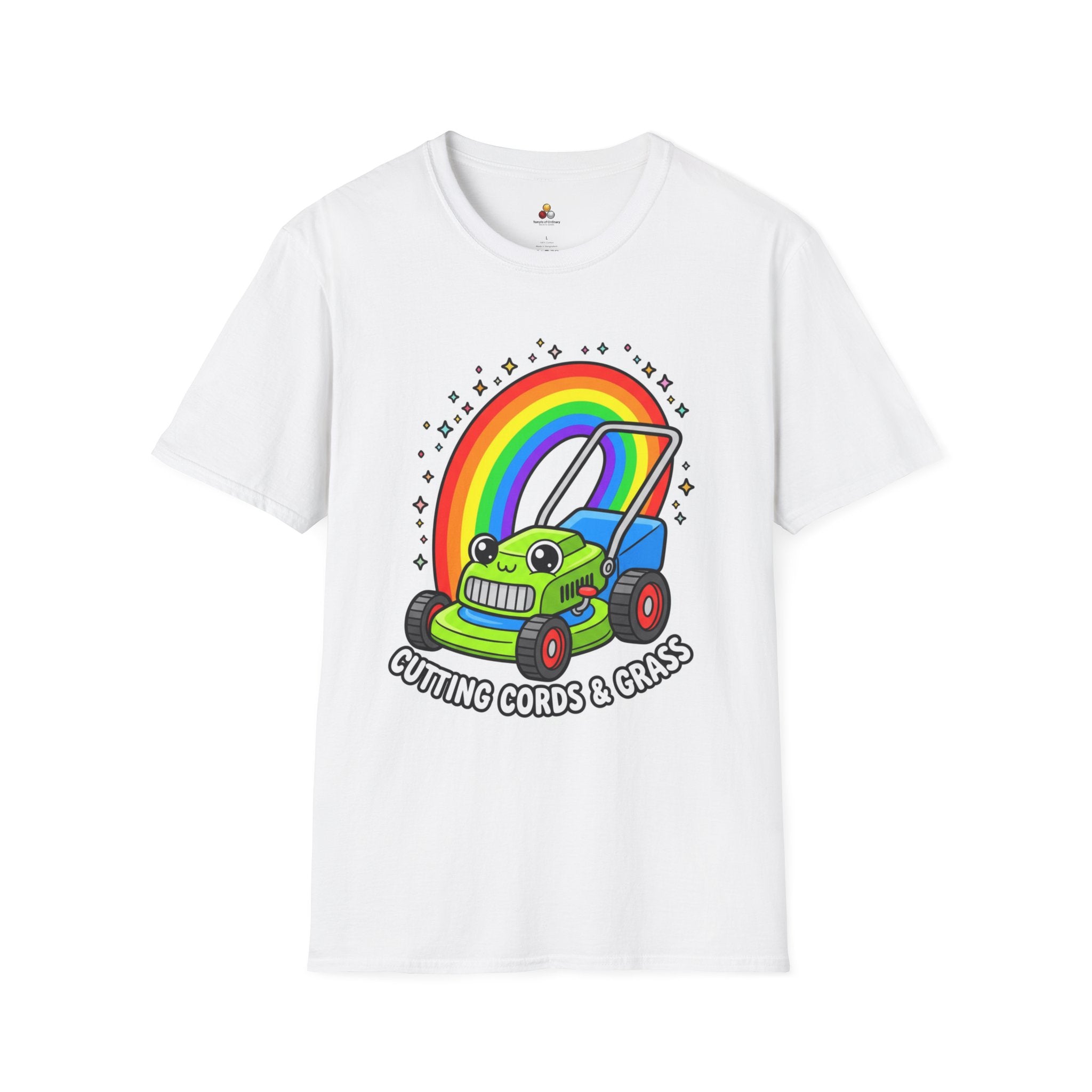 Magical Mower T-Shirt — Rainbow Lawn Mower "Clearing the Vibe" Graphic Tee