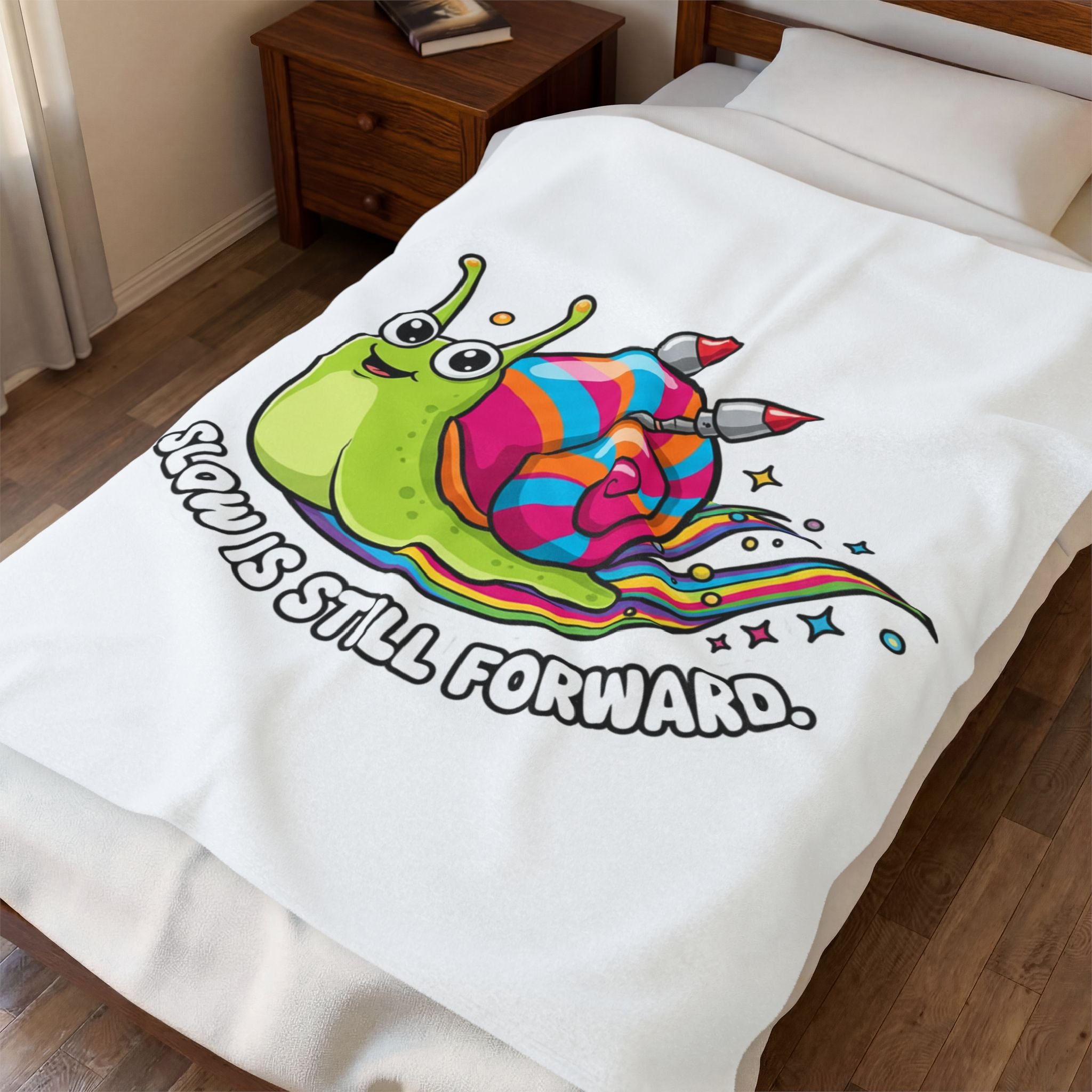 Velveteen Plush Blanket — Cute Rainbow Snail "Slow Is Still Forward" Cozy Throw