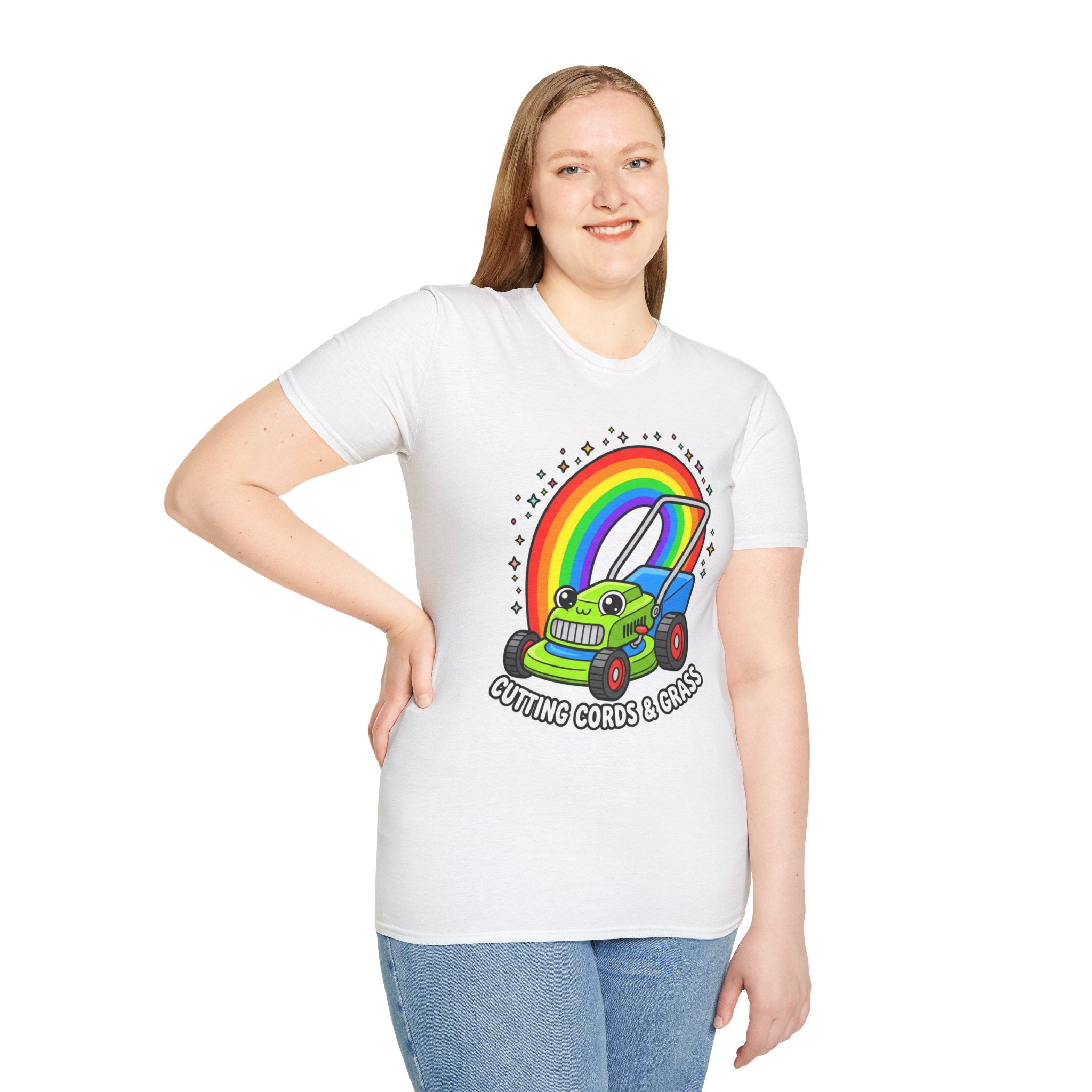 Magical Mower T-Shirt — Rainbow Lawn Mower "Clearing the Vibe" Graphic Tee