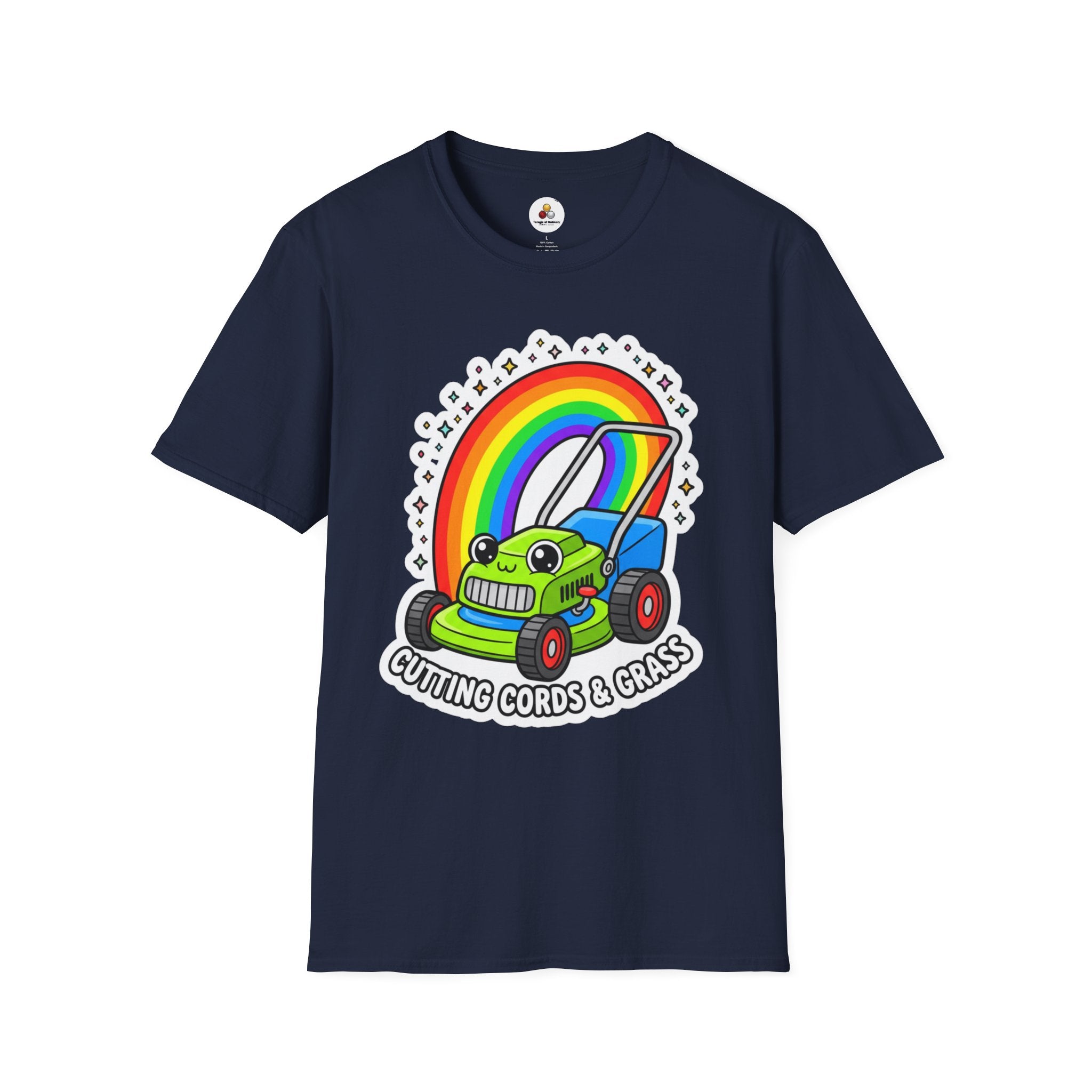 Magical Mower T-Shirt — Rainbow Lawn Mower "Clearing the Vibe" Graphic Tee