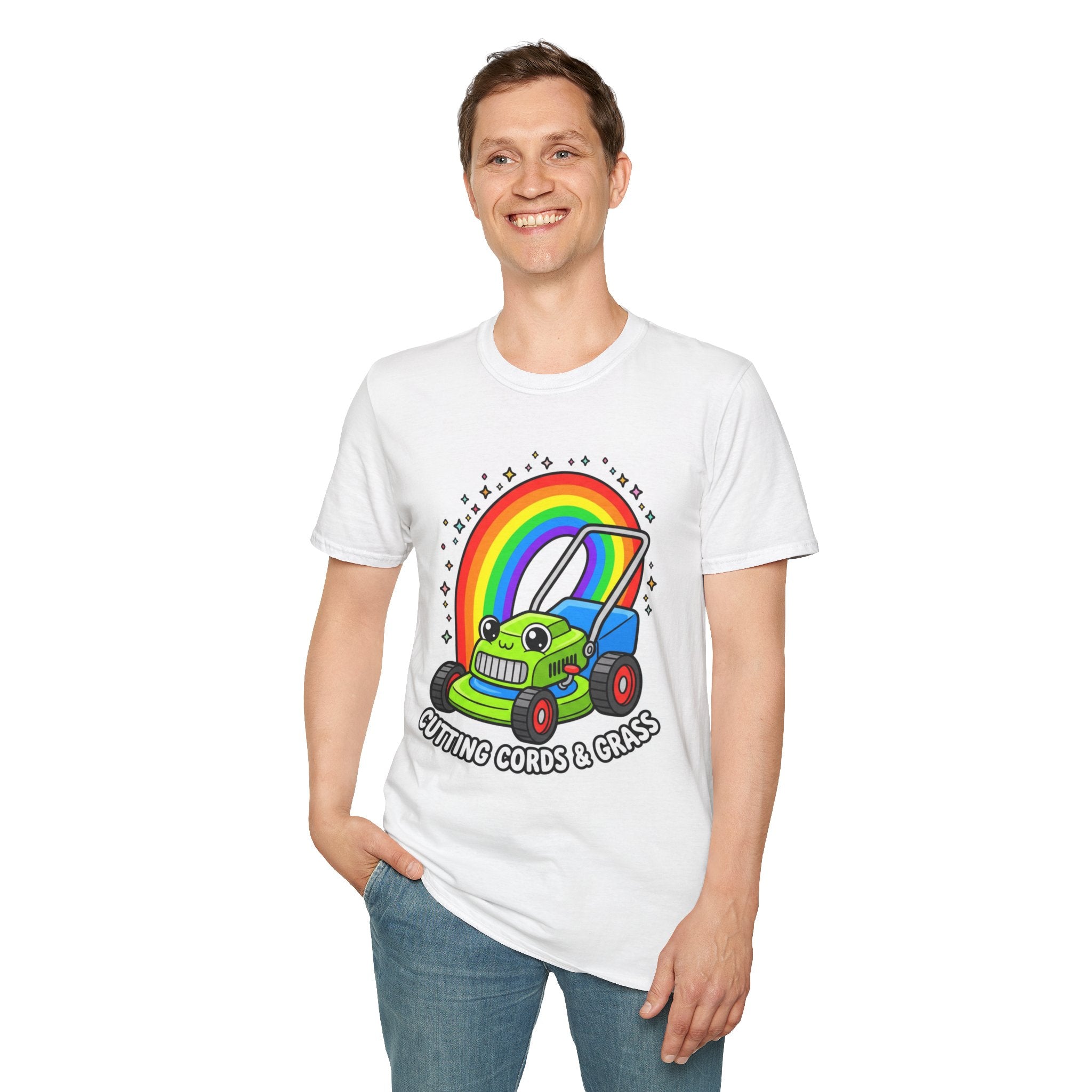 Magical Mower T-Shirt — Rainbow Lawn Mower "Clearing the Vibe" Graphic Tee