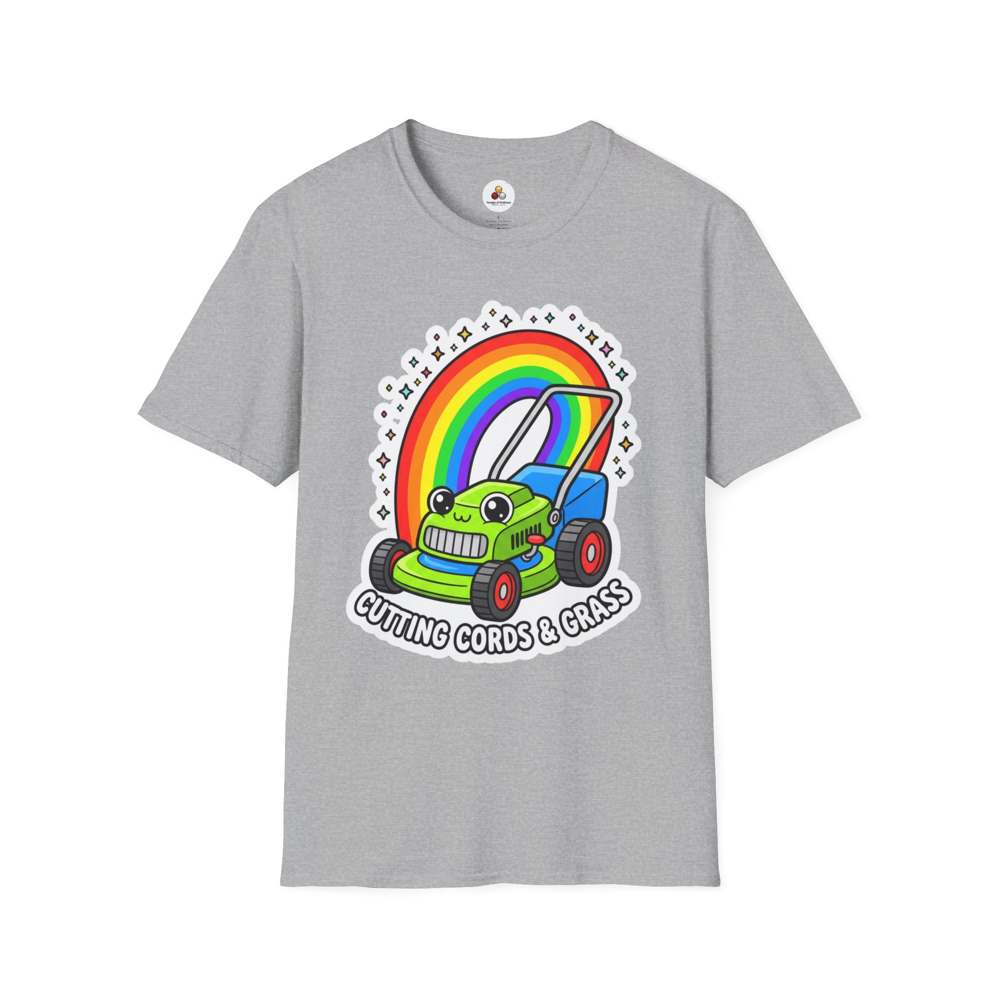 Magical Mower T-Shirt — Rainbow Lawn Mower "Clearing the Vibe" Graphic Tee